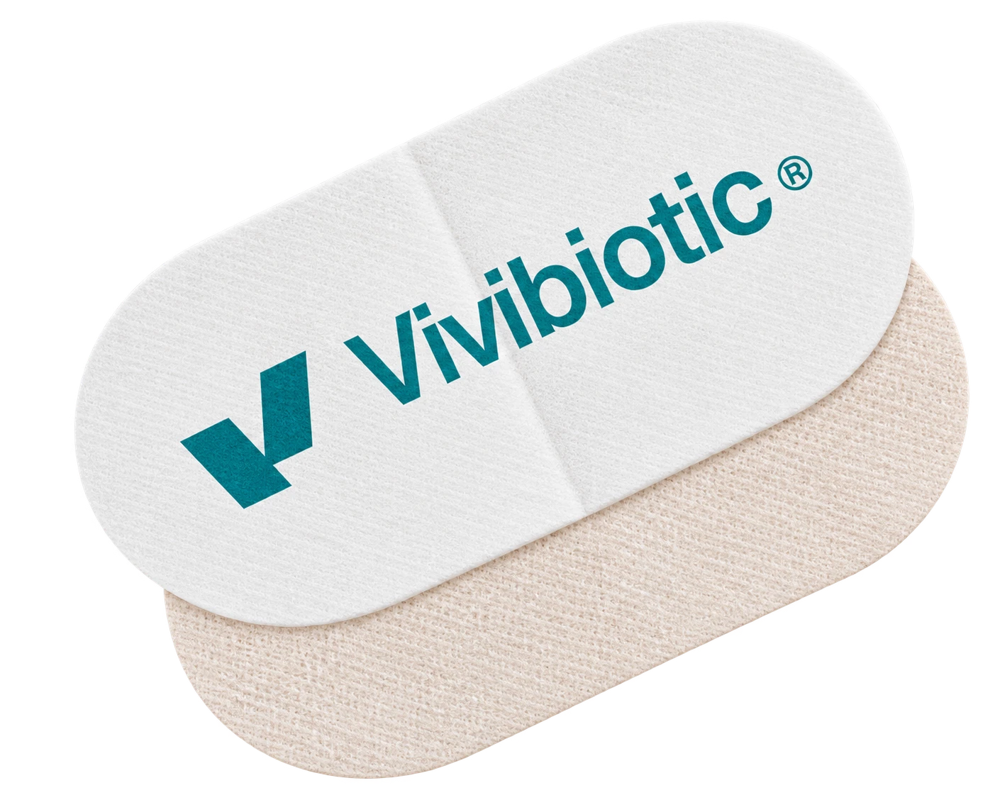Cerotto per la bocca Vivibiotic: superficie bianca con logo teal e strato adesivo color carne